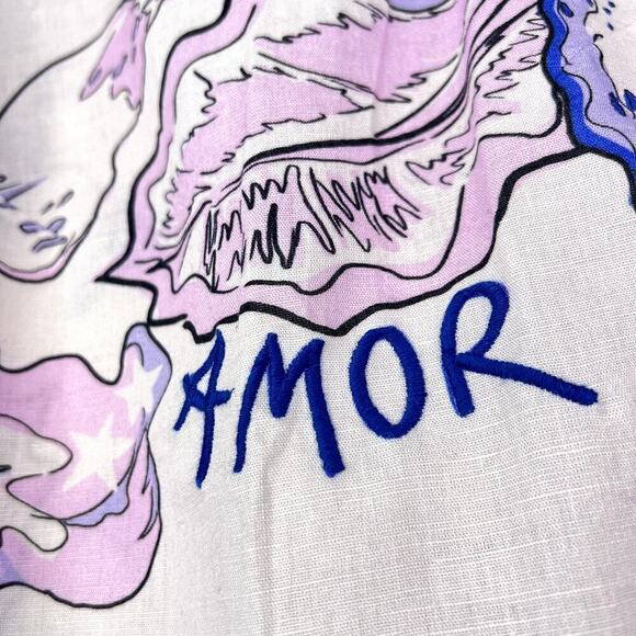 Las Surenas Amor Embroidered Printed Linen Cotton Tank Top Floral Blue Pink SM - Picture 2 of 6